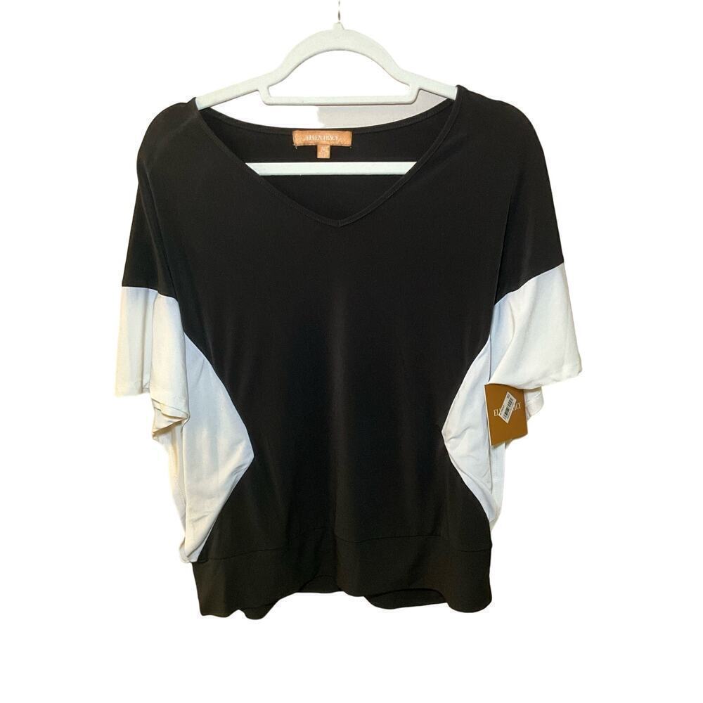 Ellen Tracy Dolman Top Women's M Black Short Sleeve V-Neck Pullover Ribbed Hem‎